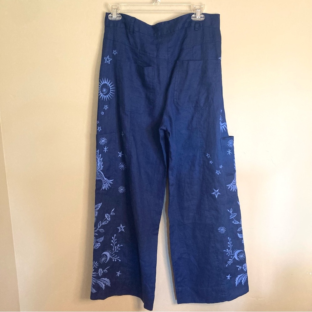 NEW Johnny Was Oleander Wide Leg Cropped Pants Tonal Embroidery Linen Blue S - Picture 10 of 15